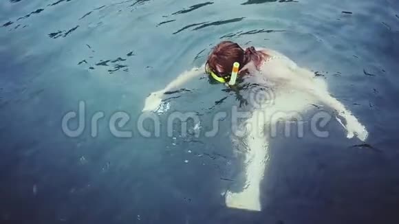 年轻女子戴着面具浮潜用一块面包在海里喂鱼慢动作1920x1080视频的预览图
