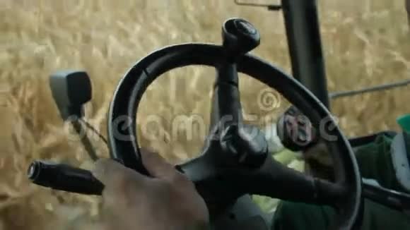 在联合收割机收割玉米的驾驶室里视频的预览图