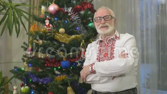 圣诞树旁刺绣的老帅哥画像视频的预览图