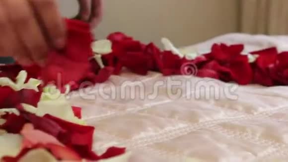 床上玫瑰花瓣的心脏视频的预览图