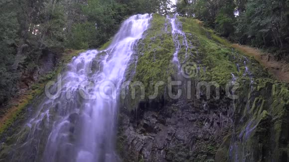 令人惊叹的自然空中4k景观瀑布流运行在苔藓覆盖的石头在常绿森林在瀑布俄勒冈州视频的预览图