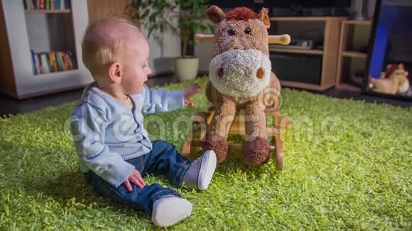 一个小孩子抚摸毛绒马玩具视频的预览图