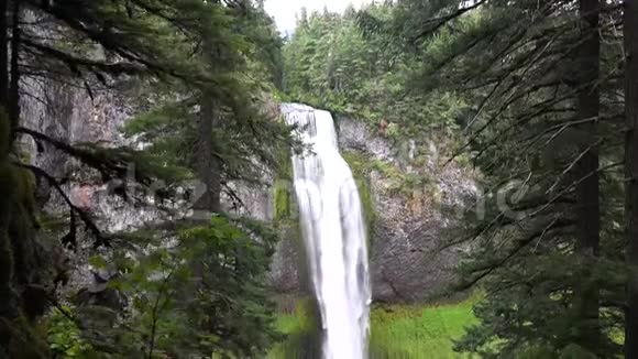 令人惊叹的4k空中拍摄的强大瀑布在深常绿森林在瀑布山脉山脉俄勒冈州野生自然视频的预览图