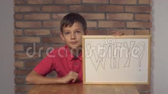 孩子坐在书桌前拿着挂图在背景红砖墙上刻着为什么视频的预览图