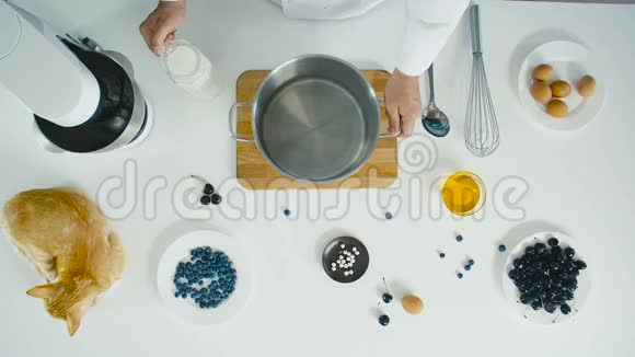 厨师把牛奶倒进桌子上的碗里放着水果和猫视频的预览图