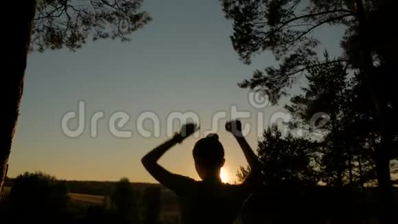年轻快乐的女人在日落时在公园里跳舞和玩视频的预览图