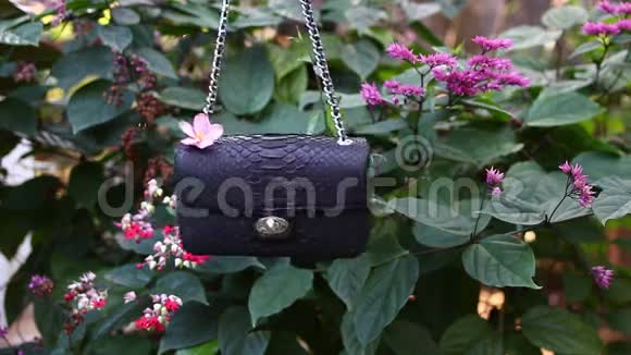 时尚豪华蛇皮蟒手袋在热带花园背景下运动巴厘岛小黑包视频的预览图