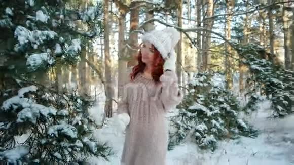 冬天的童话女孩抱着一个闪闪发光的美丽的女孩在冬天的树林里冬天的自然视频的预览图