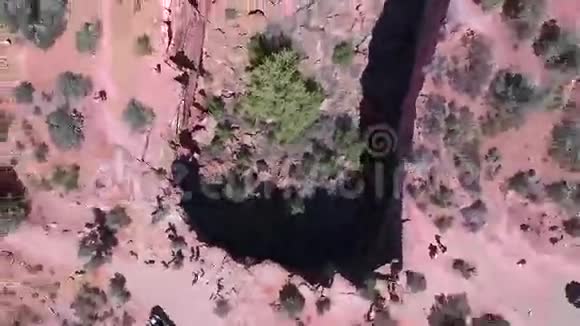 阳光明媚的草原峡谷自然景观粉红色的石质岩石悬崖顶部空中4k四景景观视频的预览图