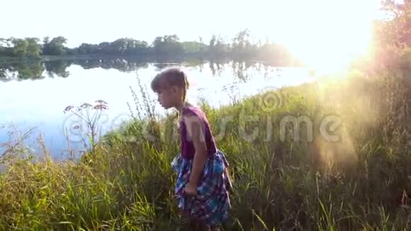 小女孩站在一个大湖的岸边她在草地上看到一只蝴蝶湖面上的日出视频的预览图