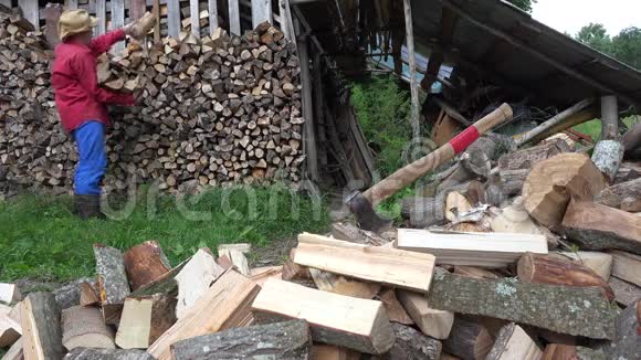 劳累的工人在乡下的木屋里有序地排着木头4K视频的预览图