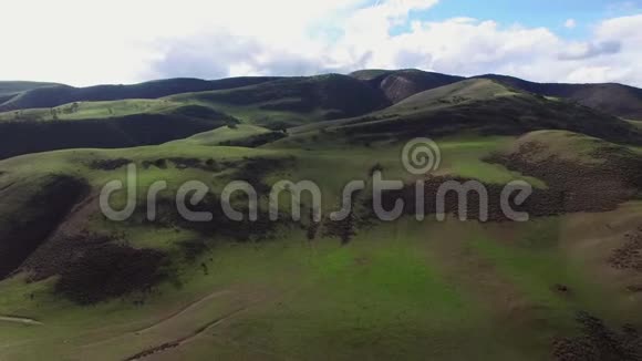 直升机飞越广阔的绿色田野和山丘视频的预览图