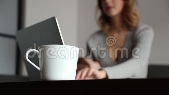 母亲带着孩子试着用笔记本电脑工作视频的预览图