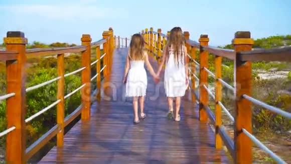 小可爱的女孩在去白色热带海滩和绿松石海的路上坐在木桥上视频的预览图