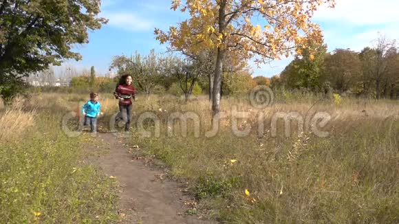 两个孩子在秋天公园跑步视频的预览图