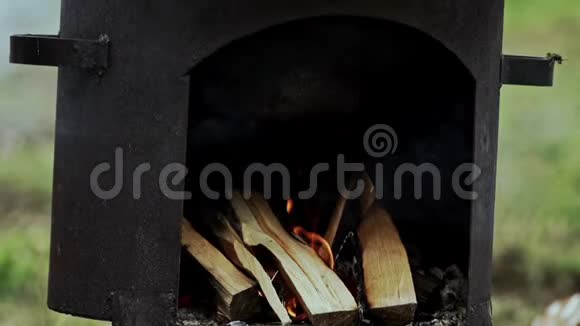 旅游大锅下的篝火在大锅里烧火做饭视频的预览图