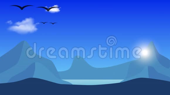 卡通风格的景观动画背景在蓝天上飞鸟和云朝阳的光辉视频的预览图