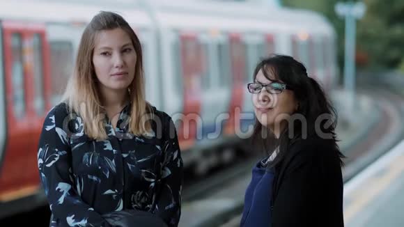 两名年轻女子在伦敦地铁站等地铁视频的预览图