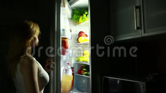 女人晚上打开冰箱夜间饥饿饮食吃葡萄视频的预览图