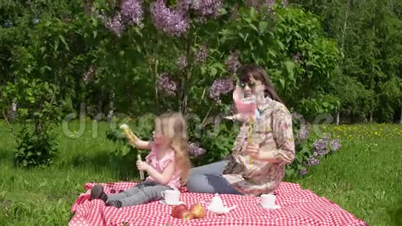 年轻的母亲和小女儿在春天的野餐旁边一朵盛开的丁香花视频的预览图
