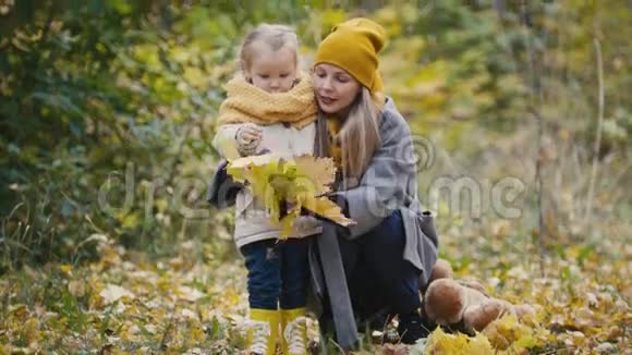 妈妈和女儿在秋天的公园里玩耍妈妈送给孩子枫叶视频的预览图