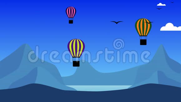 空中气球飞行的山景背景是蓝天上的飞鸟和云视频的预览图
