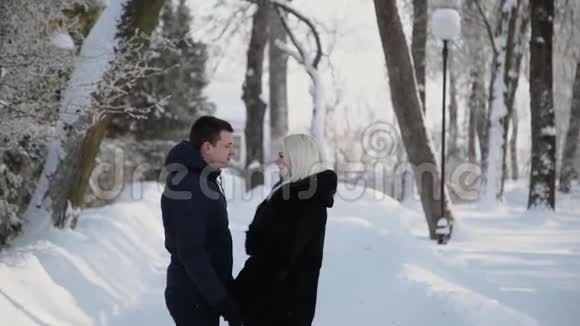美丽的年轻夫妇牵着手在一个城市冬季公园里交谈和微笑视频的预览图