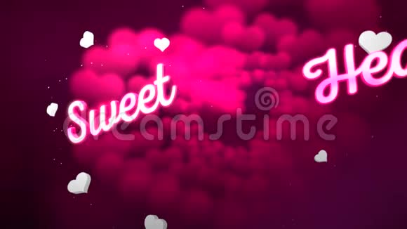 动画特写甜蜜的心文字和运动浪漫的心在情人节闪亮的背景视频的预览图