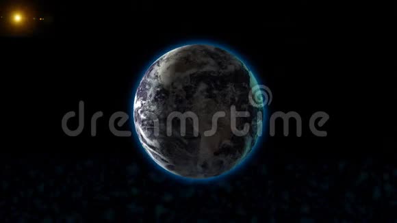 流星雨通过太阳系飞向地球小行星岩石碰撞现实地球和太阳背景3d引渡视频的预览图