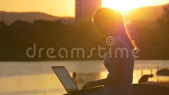 日落时分的多瑙河和一个带手提电脑的女人视频的预览图