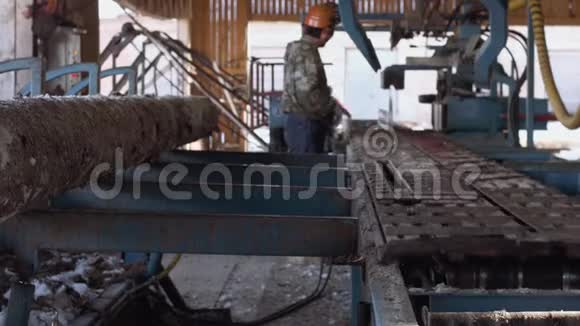 木工在锯木厂操作工业锯切割木材视频的预览图