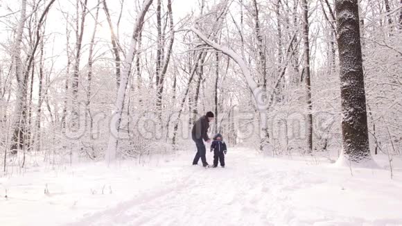 活跃父子在冬季公园玩耍视频的预览图