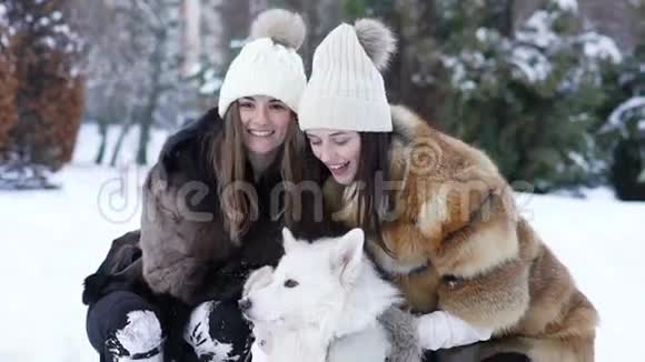 两个女孩在雪地里玩白色哈士奇狗慢动作视频的预览图