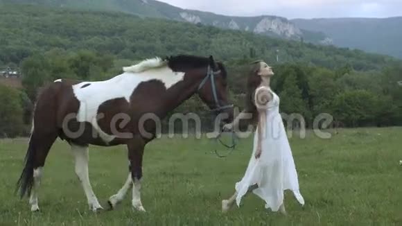 田里有一匹马的美丽女孩视频的预览图