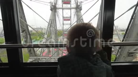 在维也纳奥地利从摩天轮窗口的小男孩看着城市视频的预览图