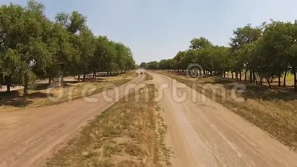 糟糕的乡村道路沙质的道路两边都是树和汽车视频的预览图