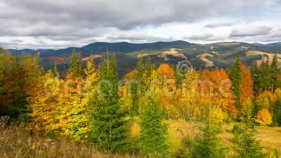 秋天快速的云和五颜六色的树木的山景视频的预览图