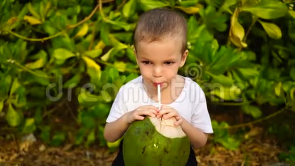 两岁的男孩在海滩上唱椰子汁视频的预览图