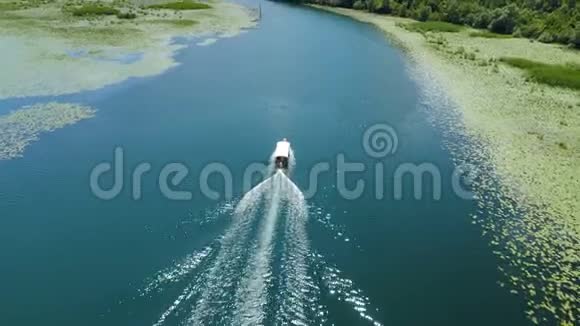 摩托艇漂浮在由睡莲构成的Crnojevica河上视频的预览图