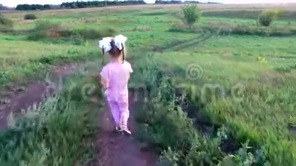 带着眼镜的女孩走在田间的路上这条路向下延伸到峡谷里视频的预览图