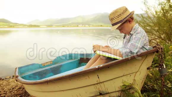 小男孩坐在船上看书视频的预览图