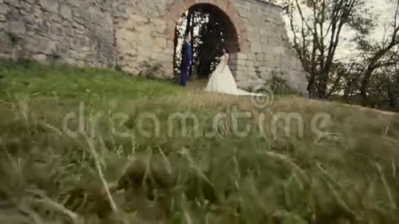 新婚夫妇拥抱旧岩壁视频的预览图