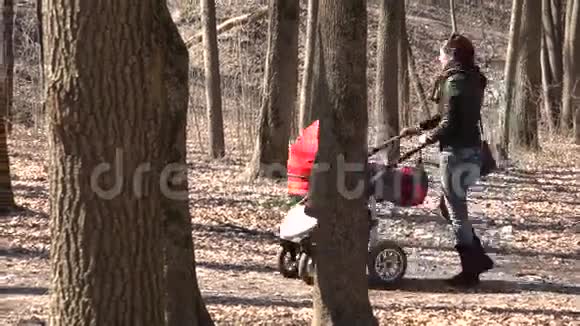 母亲沃金在公园与新生儿在婴儿车4K超高清超高清视频的预览图