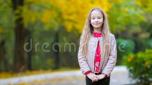 可爱的小女孩在秋天看微笑的肖像视频的预览图