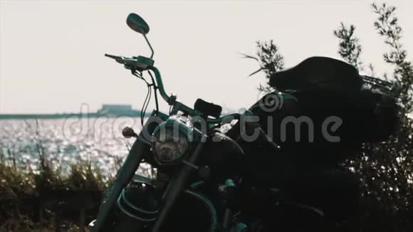 停泊在海边灌木丛中的黑色直升机摩托车视频的预览图