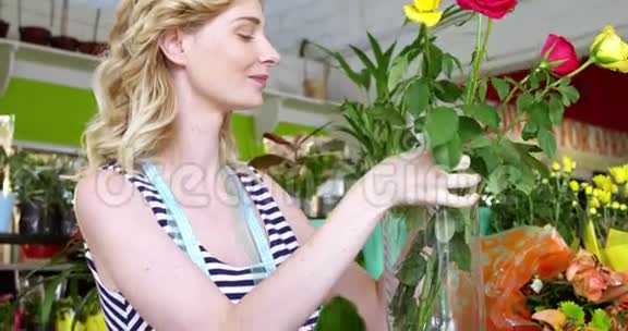 花店女花匠在花瓶里摆花视频的预览图