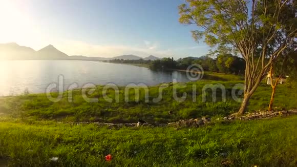 美丽的湖泊和周围的绿色植物视频的预览图