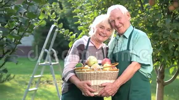 快乐的夫妻抱着苹果篮子视频的预览图