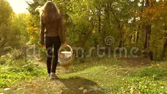 一个年轻的黑发女人穿过秋天的树林拿着一个野餐篮晴天慢动作稳定录像视频的预览图