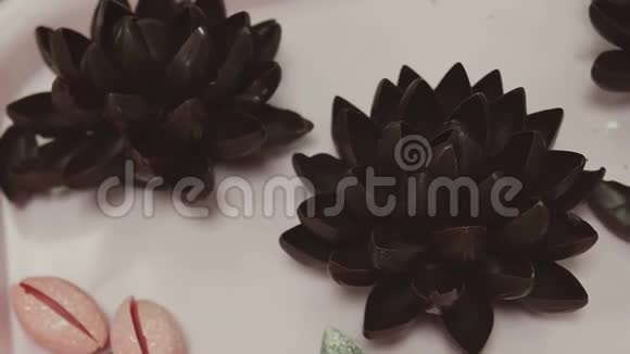 厨房桌上莲花形状的糖果巧克力壳视频的预览图